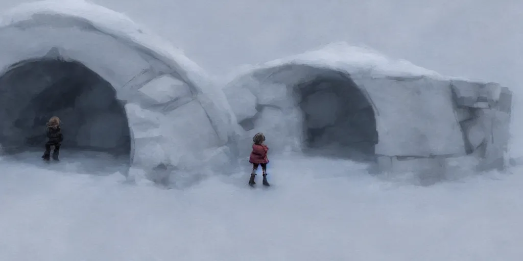 Image similar to young girl back to us in front of an igloo in the tundra,, mysterious matte painting by ruan jia and craig mullins, trending on artstation