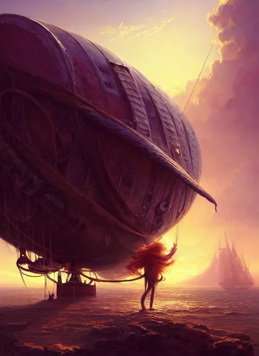 Image similar to portrait painting of a handsome rugged long hair crimson hair male pirate, soft hair steampunk ornate zeppelin blimp airship in the background sky sunset golden hour art by raphael lacoste and stephan martiniere greg rutkowski gaston bussiere fantasy soft hair trending on artstation deviantart book cover art concept art key art dramatic volumetric lighting, 4 k, award winning