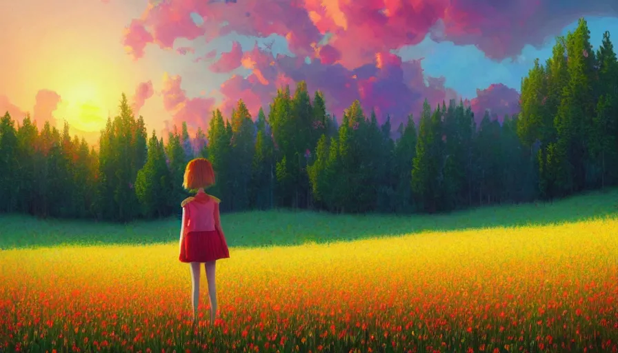 Image similar to girl with a flower face, surreal, dream, standing in flower field, hills, big trees, sunrise dramatic light, impressionist painting, colorful clouds, digital painting, pointillism, artstation, simon stalenhag