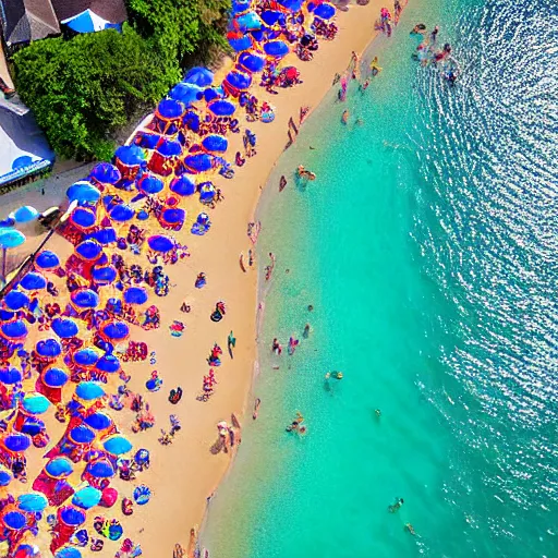 Image similar to photograph beachscapes from an almost perpendicular angle, Aerial view of sandy beach with umbrellas and sea, Aerial of a crowded sandy beach with colourful umbrellas, sun bathers and swimmers during summer, by Tommy Clarke