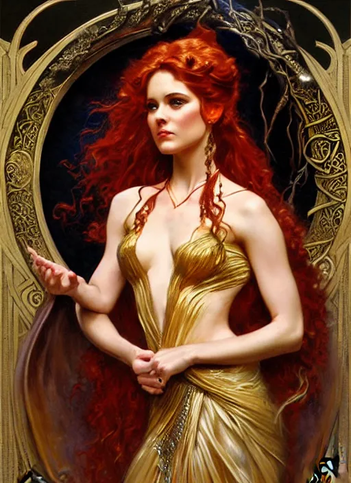 Prompt: young celtic woman, goddess of fire, flowing gown, smug expression, highly detailed painting by gaston bussiere, craig mullins, j. c. leyendecker 8 k, art nouveau