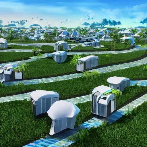 Prompt: futuristic community suburb ultrarealistic 150mpx landscape photography grass trees houses photorealistic 8k