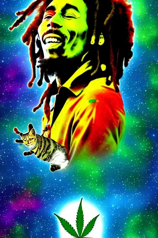 Image similar to A Bob Marley cat floating in space with cannabis, digitalart