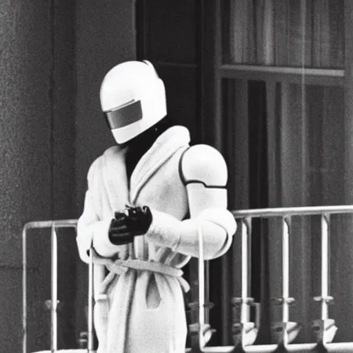 Prompt: a paparazzi photography of robocop wearing a bathrobe smoking a cigarette, standing on a balcony