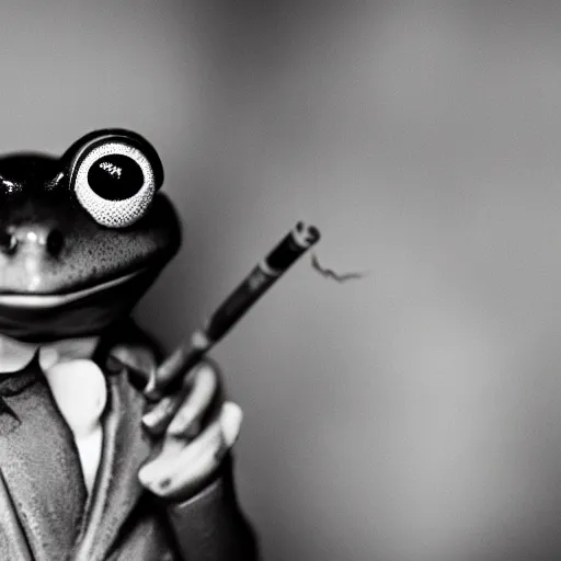 Image similar to a high detail closeup photograph of a 🐸 wearing a suit 👔,and smoking a cigarrette🚬, award wining photograph