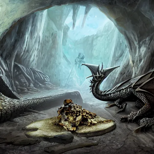 Image similar to a dragon protecting its treasure pile in a cave with bones scattered across the floor, matte painting.