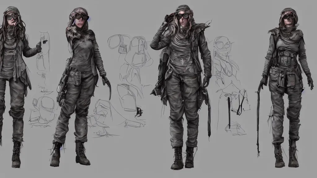 Prompt: character sheet for a light pink long haired beautiful realistic female for futuristic baggy dark grey jacket oakley glasses military boots hat dystopian mad max like fashion brand demobaza on an alien planet with two australian cattle dogs, impact by craig mullins, by studio ghibli, digital art, trending on artstation, hd, 8 k, highly detailed, good lighting, beautiful, masterpiece