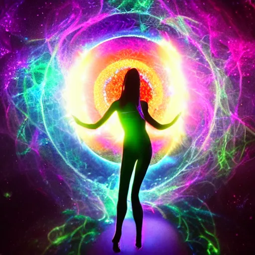 Image similar to full body character + beautiful female neopunk wizard opening a portal to the sidereal multiverse, mandelbrot neuro web, intricate galaxy inlay + ultra high detail, plasma neon internal glow, precise, consciousness projection, astral projection, laser sharp, octane render + unreal render + photo real, 8 k, volumetric lighting high contrast