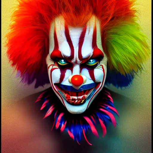 Prompt: willem dafoe wearing bizarre clown makeup, and intricate clown costume, by rossdraws, vivid colors, soft lighting, digital artwork, uhd, best of artstation