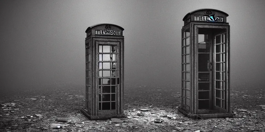 Image similar to an old abandoned and broken telephone booth at the edge of the universe at night, weird, haunted, misty, moody, sinister, ambient lighting, cinematic color grading, 8 k render, hyper realistic, realistic, unreal engine 5 render