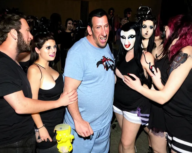 Image similar to fat gamer adam sandler wearing gamer shorts. surrounded by adoring female goth vampires.