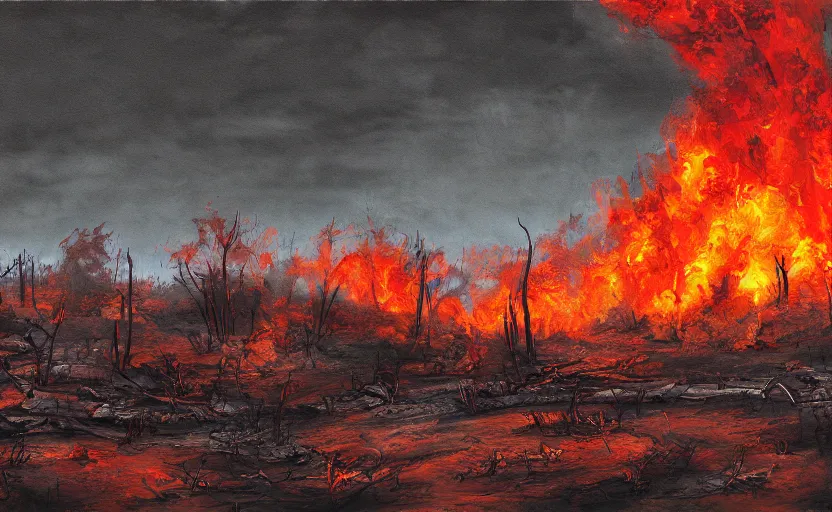 Prompt: post apocalyptic landscape in fire in digital art oil canvas