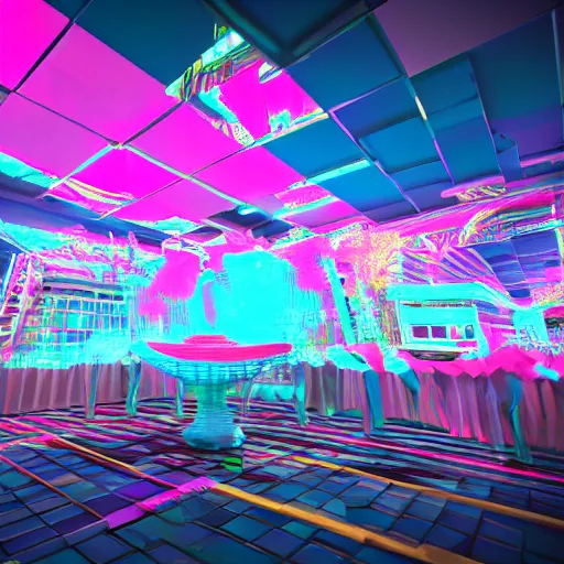 Image similar to vaporwave carnival, liminal space, high detail, rendered in unreal engine, 3d render, god rays, volumetric lighting