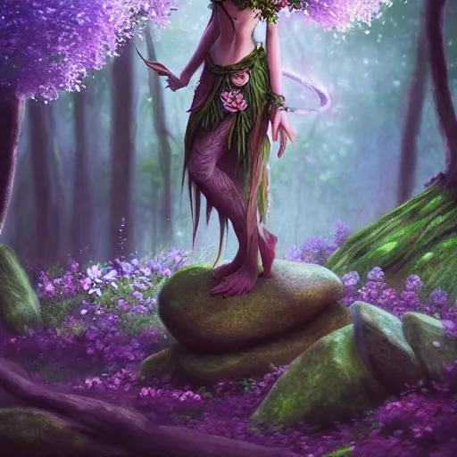 Prompt: a picture of a forest elf clothed in flowers and leaves standing on a stone in an enchanted forest, high fantasy, elegant, epic, detailed, intricate, digital painting, concept art, realistic, smooth, focus, rim light,