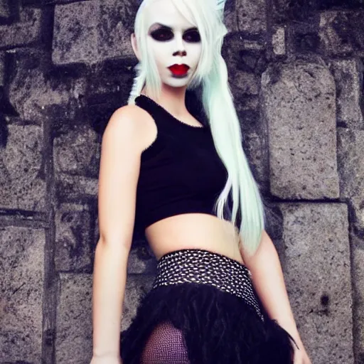 Image similar to kerli koiv goth girl in mini skirt and crop top, intricate, extremely detailed, modeling photography, teen