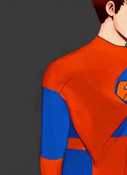 Prompt: friendly teenage archie andrews wearing an orange superhero costume with heart logo, freckles, pureheart the powerful, heart emblem on chest, blue cape, intricate, elegant, glowing lights, highly detailed, digital painting, artstation, sharp focus, illustration, art by wlop, mars ravelo and greg rutkowski