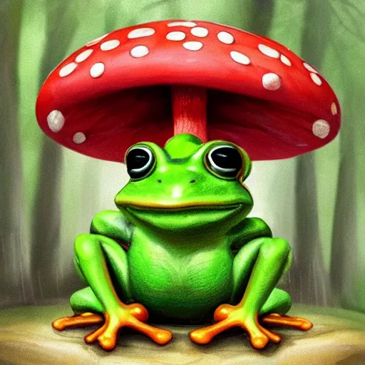 Image similar to a frog wearing a mushroom cap hat in a forest and it's raining, digital art, trending on artstation