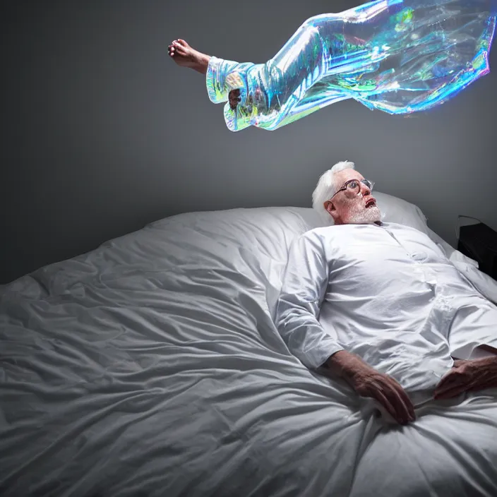 Image similar to a 7 0 year old white haired man lays on a bed, a transparent iridescent figure levitates above him, by clemens ascher, canon eos c 3 0 0, ƒ 1. 8, 3 5 mm, 8 k, medium - format print