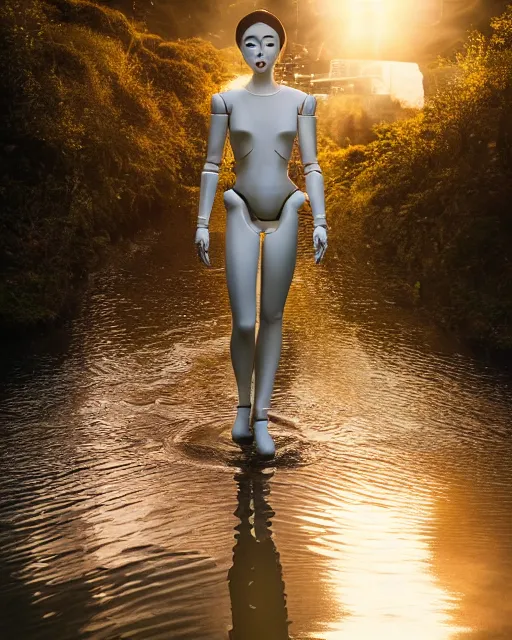 Image similar to beautiful centered photo portrait of hoyeon jung as a solarpunk robotic humanoid with white mechanical parts with bright halogen lights, walking through calm water, ultra - realistic and detailed, sunset lighting, soft focus, slow exposure hdr 8 k