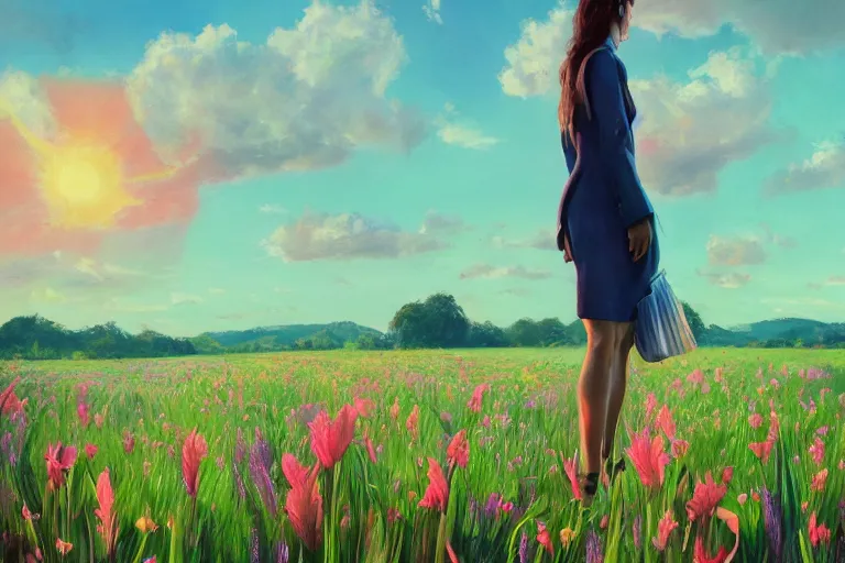 Image similar to closeup, giant gladiola flower head, girl in suit walking in field of flowers, surreal photography, sunrise, blue sky, dramatic light, impressionist painting, digital painting, artstation, simon stalenhag