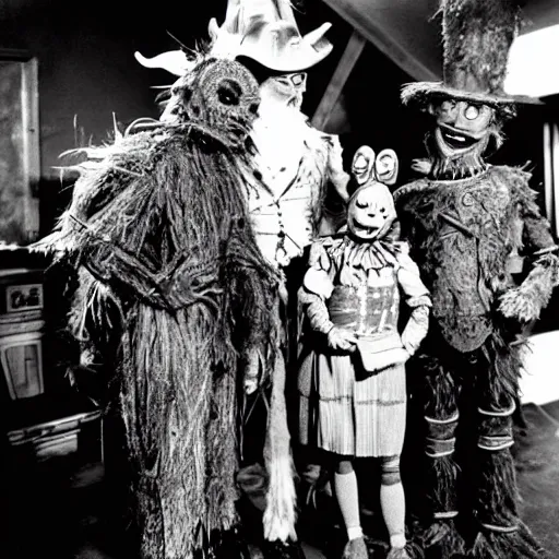 Image similar to the character tik - tok from return to oz ( 1 9 8 5 ) standing next to the characters scarecrow and tinman from the wizard of oz ( 1 9 3 9 ), behind the scenes set photo