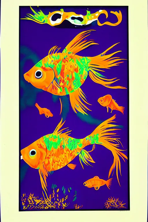 Image similar to goldfish, screen print poster, 1968 psychedelic, san francisco, hippie style