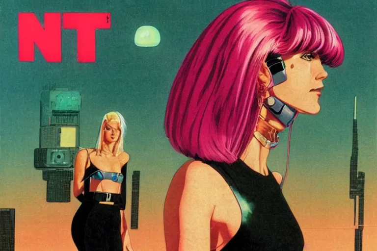Image similar to 1979 OMNI Magazine Cover of woman with shiny Chrome face with Pink hair. neo-Tokyo streets behind her. in cyberpunk style by Vincent Di Fate