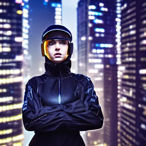 Image similar to photographic portrait of a techwear woman, closeup, on the rooftop of a futuristic city at night, sigma 85mm f/1.4, 4k, depth of field, high resolution, 4k, 8k, hd, full color