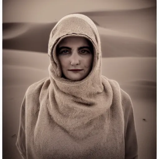 Image similar to female balaclava photography portrait, desert wind