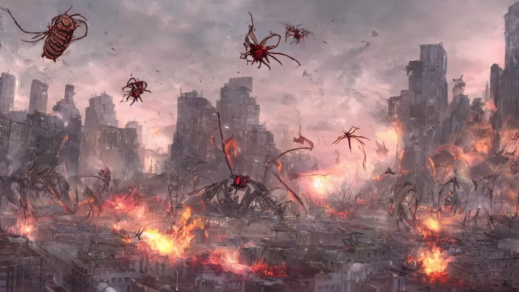 Prompt: concept art of giant bugs destroying a city