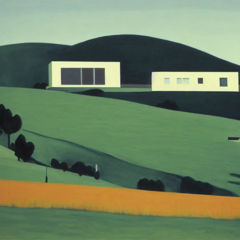 Image similar to dreaming futuristic rural landscape with modern houses, painted by Alex Katz, painted by Edward Hopper, airbrush