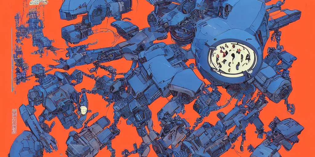 Image similar to risograph, gigantic mecha faces, no artifacts, tiny rats, a lot of exotic animals around, big human faces everywhere, by satoshi kon and moebius, matte blue colors, surreal design, crispy, super - detailed, a lot of tiny details, no blur, 4 k, fullshot