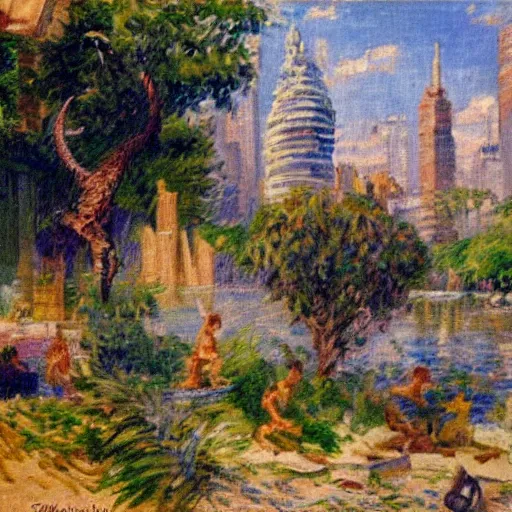 Prompt: impressionist painting of a utopian stone city with dinosaurs