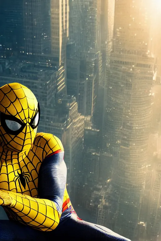 Prompt: yellow and metallic spider-man, character poster, dramatic lighting, atmospheric dust, intense lens flare, city backdrop