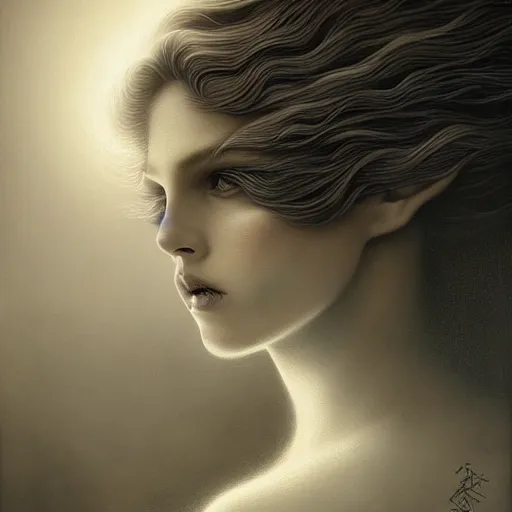 Image similar to By Tom Bagshaw, ultra realist soft painting of magical universe by night, Lilipuff, symmetry accurate features, very intricate details, ominous sky, black and white, volumetric light clouds