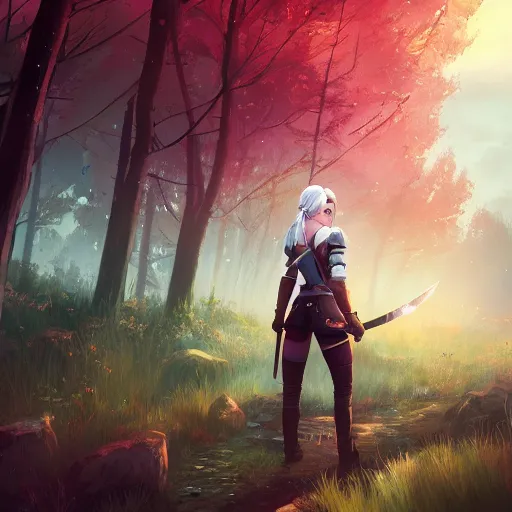 Prompt: ciri from the Witcher 3, forest landscape, night time, ambient lighting, 4k, anime key visual, lois van baarle, ilya kuvshinov, rossdraws, artstation