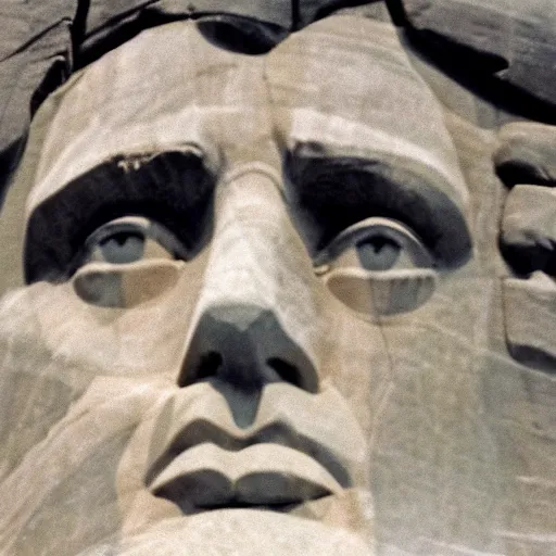 Image similar to a photo of mount rushmore after donald trump's face had been added. the photo clearly depicts the facial features of donald trump, at a slightly elevated level, depicting his particular hair style carved into the stone at the mountain top, centered, balances, regal, pensive, powerful, just