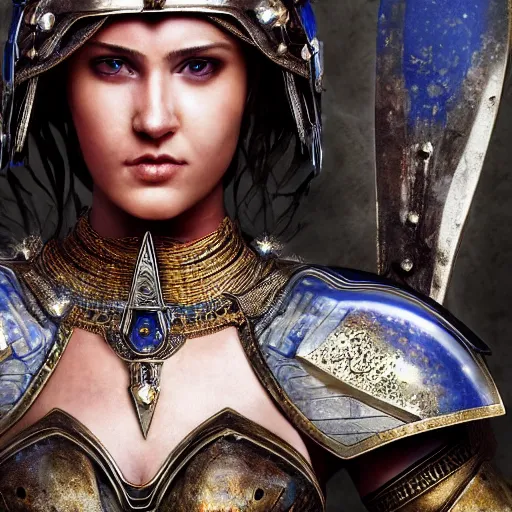 Prompt: beautiful warrior queen with lapis lazuli armour, highly detailed, 4k, HDR, smooth, sharp focus, hyper realistic, high resolution, award-winning photo