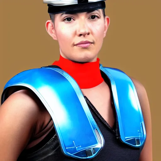 Image similar to a futuristic soldier captain with a metal visor and a blue shoulderpad