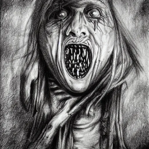 Image similar to Black and white drawing of Threed, Stephen Gammell style, evil, high detail, Scary Stories