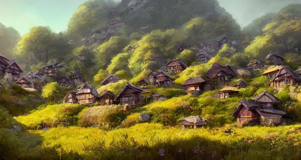 Image similar to beautiful village with japaneese mushroom houses on a mountain slope, realistic concept art, eytan zana, one pixel brush, lavander and yellow color scheme, concept art, trending on artstation