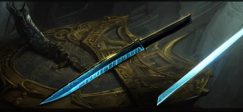 Image similar to legendary sword of cybernetic technology lying flat on a glowing table, digital award winning hd matte painting, intimate dark moody, intricate, long sharp black and iridescent blade, ornate spikes, colorful hilt, detailed realistic, raytraced blade, colored gems, golden pommel, in the style of greg rutkowski and krenz cushart, deviantart