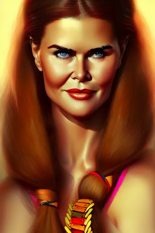 Image similar to mix of beautiful young maria shriver, mariel hemmingway, brooke shields, nicole kidman and elle macpherson as a young amazon warrior, thin lips, hair tied up in a pony tail, dark blonde hair, colorful, artstation, cgsociety