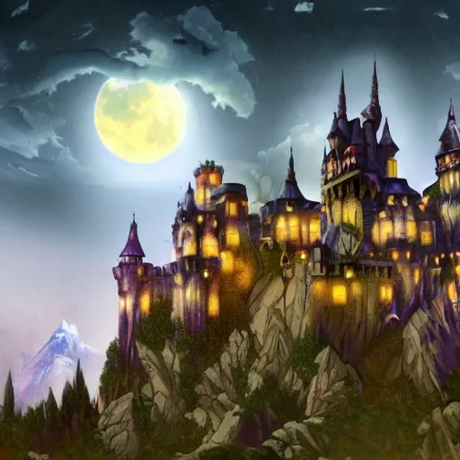 Prompt: Draculas Castle, Moon, Clouds, bats, Mountainside, Night, Artstation, Award Winning masterpiece, very detailed