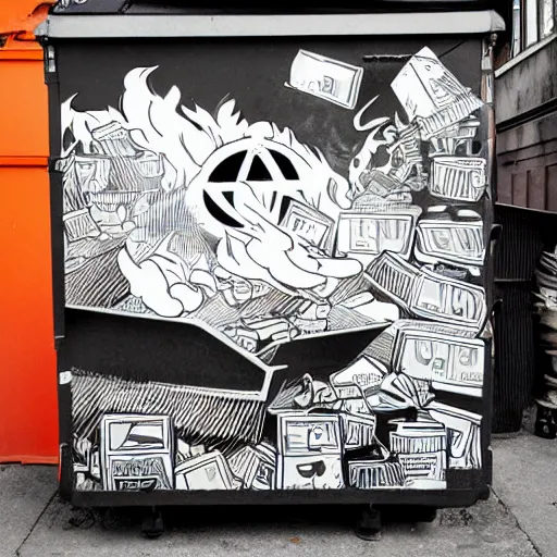 Prompt: Dumpster in a back alley, the garbage inside is blazing in flame, by Mcbess