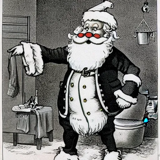 Prompt: currier and ives print showing santa claus using the toilet with his pants around his ankles, highly detailed