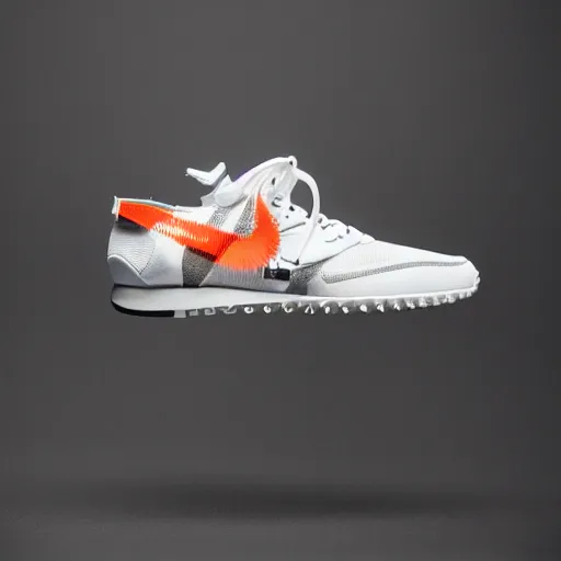 Image similar to a studio photoshoot of A Nike running sneaker designed by Virgil Abloh, mesh fabrics, Off-White, realistic, color film photography by Tlyer Mitchell, 35 mm, graflex