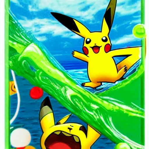 Image similar to pikachu surfing on a wave made of green slime, pokemon tcg image