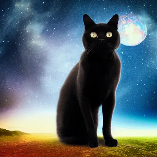 Prompt: ultrarealistic black cat, standing on a planet, galaxies background, powerful