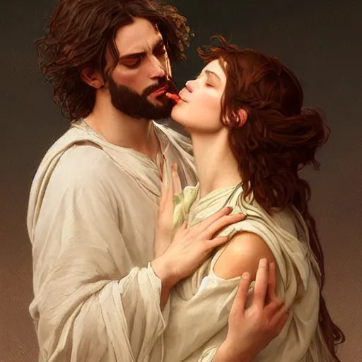 Image similar to jesus kissing a maria maddalena, intricate, elegant, highly detailed, digital painting, artstation, concept art, matte, sharp focus, illustration, art by artgerm and greg rutkowski and alphonse mucha